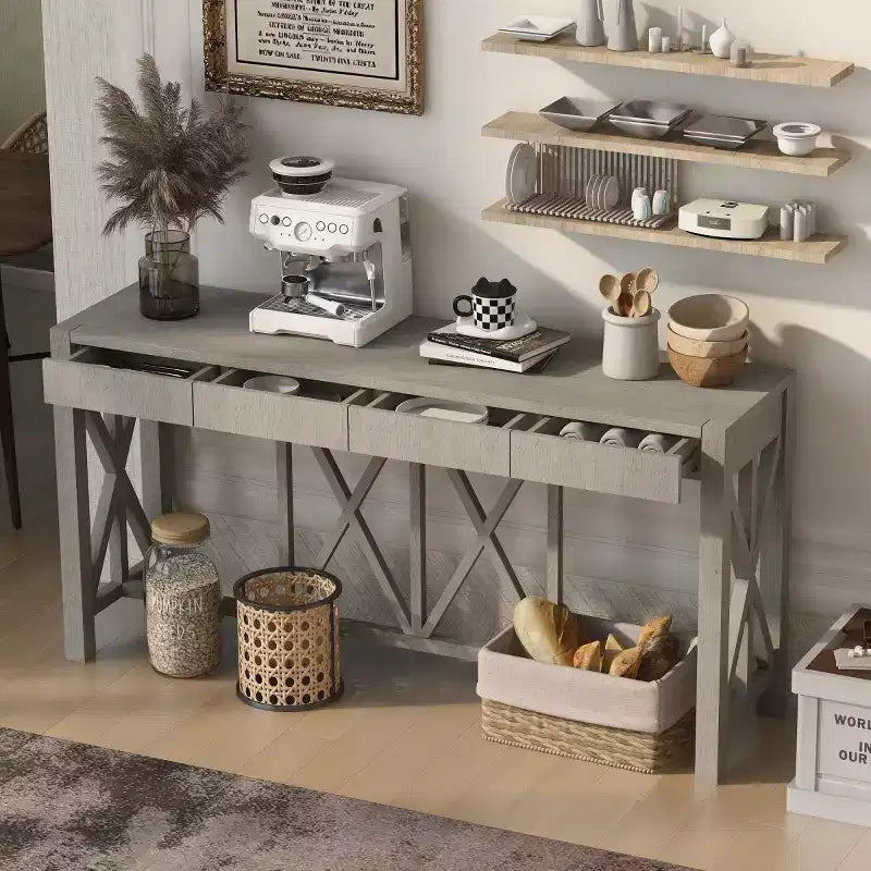 60 Farmhouse Entryway Console Table with 4 Drawers and Bottom Shelf, Sofa Table with X-Frame Design for Hallway or Dining Room - Panipeachy