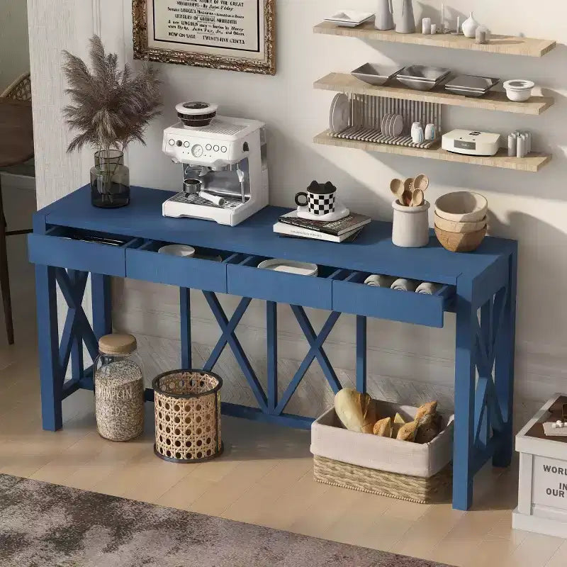60 Farmhouse Entryway Console Table with 4 Drawers and Bottom Shelf, Sofa Table with X-Frame Design for Hallway or Dining Room - Panipeachy