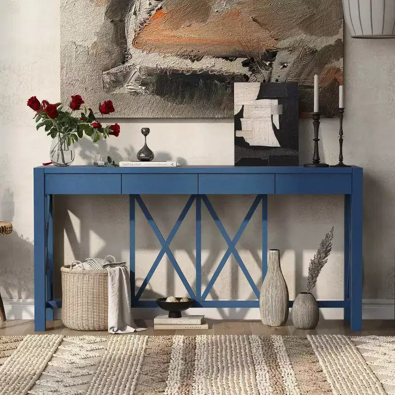 60 Farmhouse Entryway Console Table with 4 Drawers and Bottom Shelf, Sofa Table with X-Frame Design for Hallway or Dining Room - Panipeachy