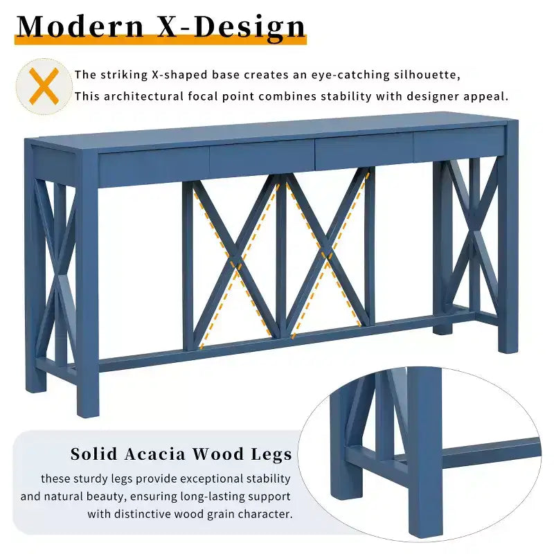 60 Farmhouse Entryway Console Table with 4 Drawers and Bottom Shelf, Sofa Table with X-Frame Design for Hallway or Dining Room - Panipeachy