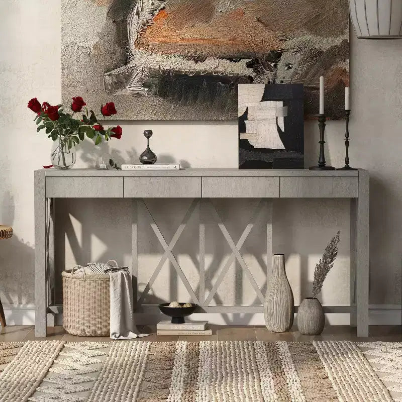 60 Farmhouse Entryway Console Table with 4 Drawers and Bottom Shelf, Sofa Table with X-Frame Design for Hallway or Dining Room - Panipeachy