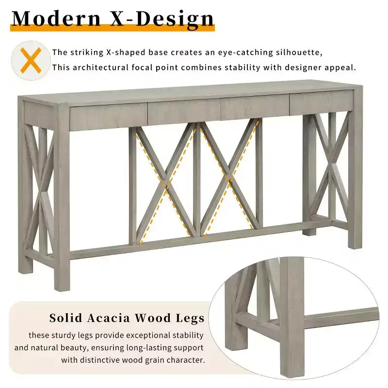 60 Farmhouse Entryway Console Table with 4 Drawers and Bottom Shelf, Sofa Table with X-Frame Design for Hallway or Dining Room - Panipeachy