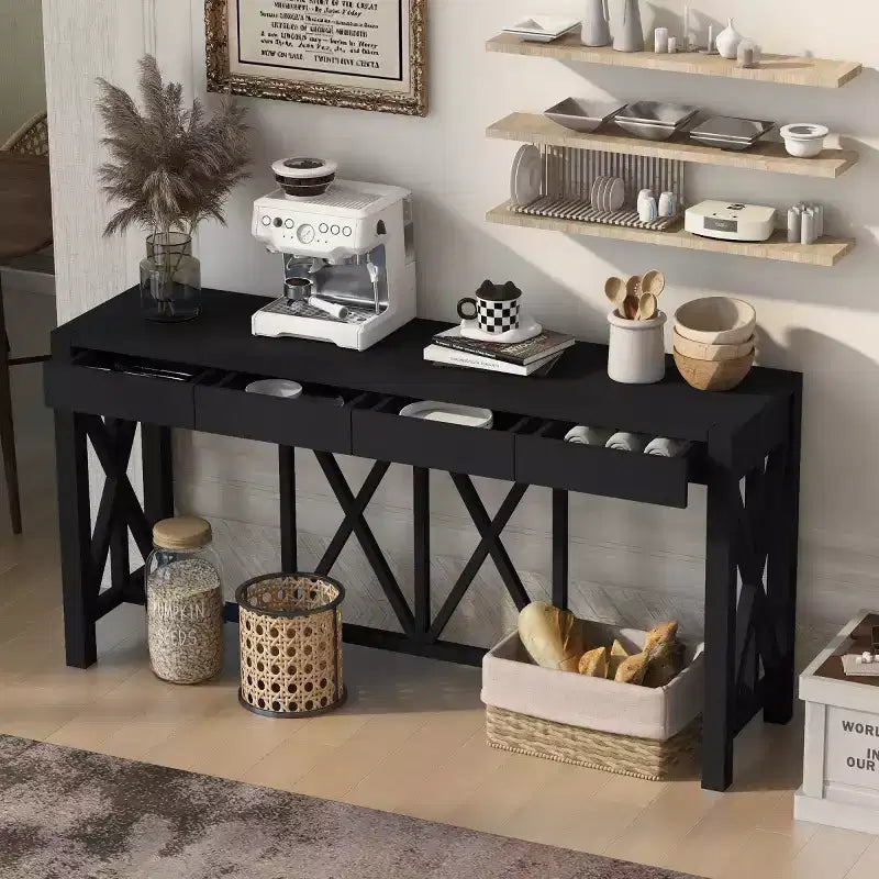 60 Farmhouse Entryway Console Table with 4 Drawers and Bottom Shelf, Sofa Table with X-Frame Design for Hallway or Dining Room - Panipeachy