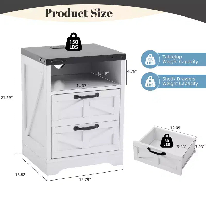 Modern Farmhouse Nightstand with USB Charging Hub - 2 Drawers Industrial White Bedside Table, Stylish Compact End Table with Storage & Charging Ports