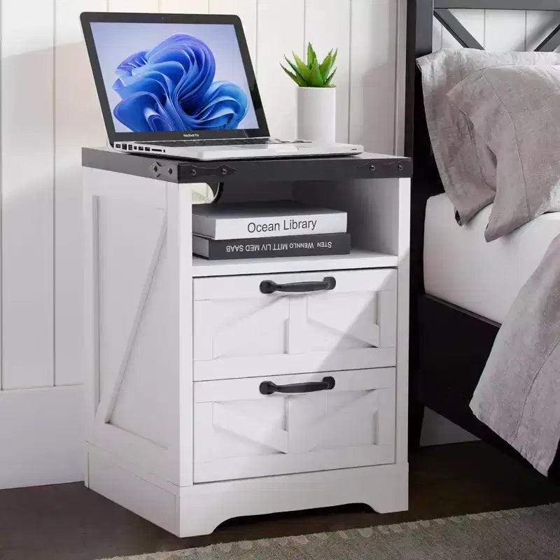 Modern Farmhouse Nightstand with USB Charging Hub - 2 Drawers Industrial White Bedside Table, Stylish Compact End Table with Storage & Charging Ports