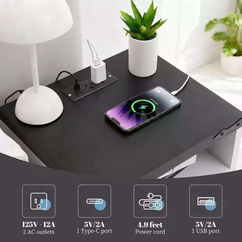Modern Farmhouse Nightstand with USB Charging Hub - 2 Drawers Industrial White Bedside Table, Stylish Compact End Table with Storage & Charging Ports