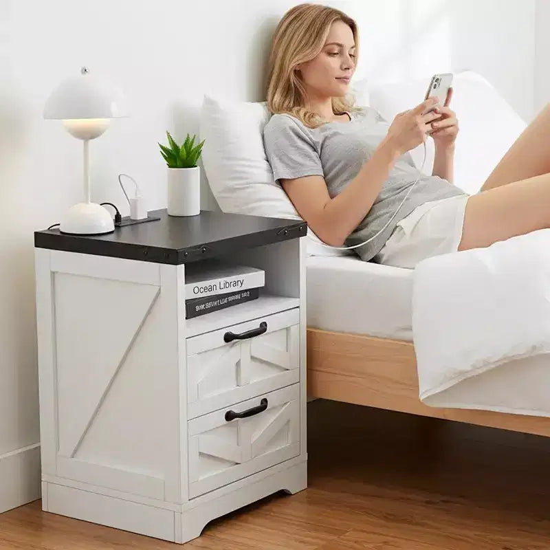Modern Farmhouse Nightstand with USB Charging Hub - 2 Drawers Industrial White Bedside Table, Stylish Compact End Table with Storage & Charging Ports