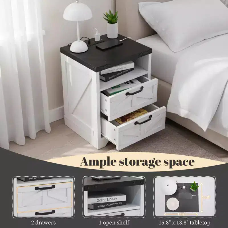 Modern Farmhouse Nightstand with USB Charging Hub - 2 Drawers Industrial White Bedside Table, Stylish Compact End Table with Storage & Charging Ports