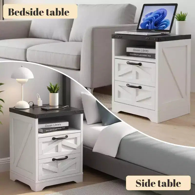 Modern Farmhouse Nightstand with USB Charging Hub - 2 Drawers Industrial White Bedside Table, Stylish Compact End Table with Storage & Charging Ports