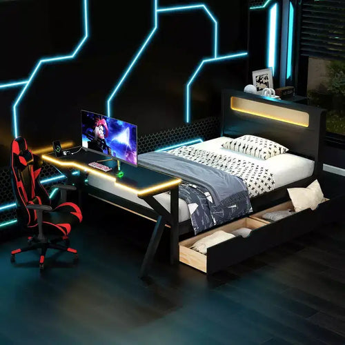 Whisen Twin Wooden Gaming Platform Bed & Bed Frame with Headboard, Desk and Two Storage Drawers