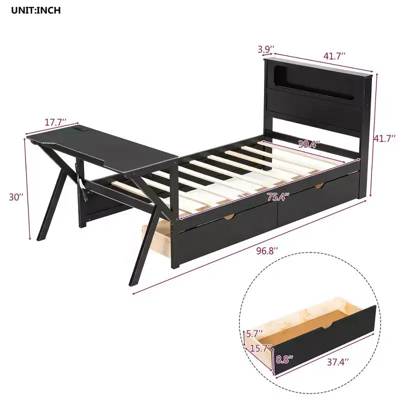 Whisen Twin Wooden Gaming Platform Bed & Bed Frame with Headboard, Desk and Two Storage Drawers