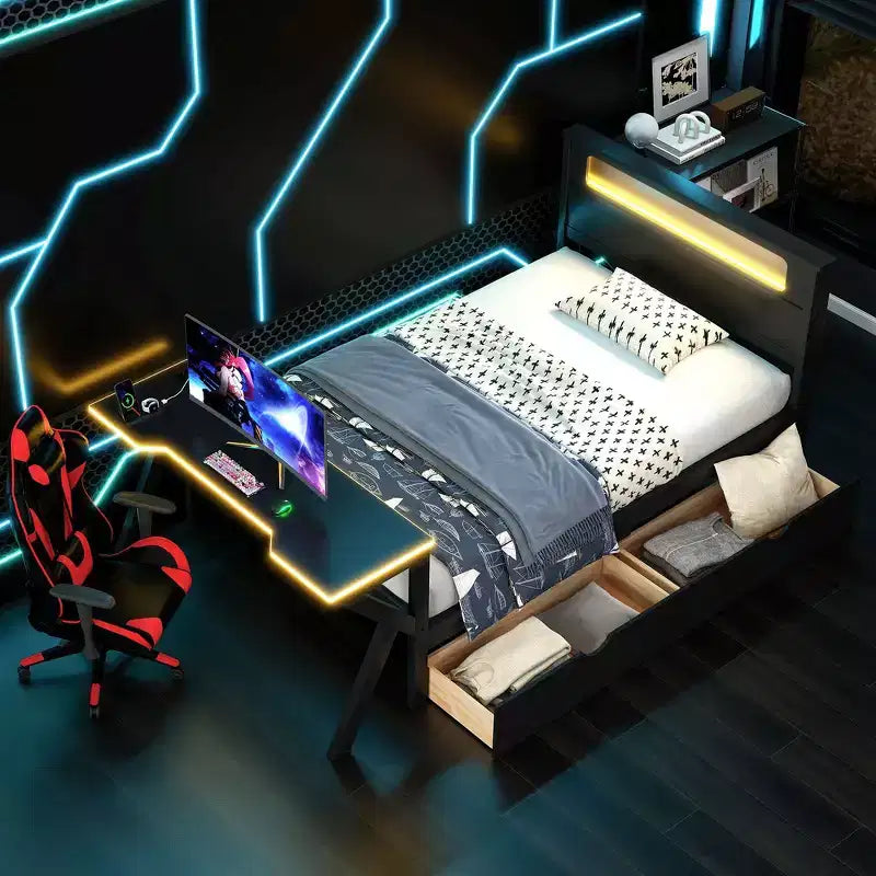 Whisen Twin Wooden Gaming Platform Bed & Bed Frame with Headboard, Desk and Two Storage Drawers