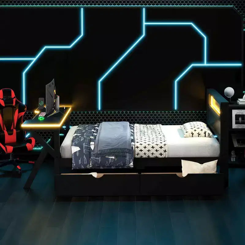 Whisen Twin Wooden Gaming Platform Bed & Bed Frame with Headboard, Desk and Two Storage Drawers