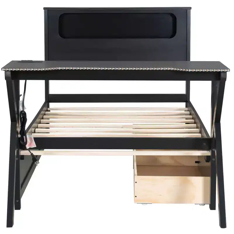 Whisen Twin Wooden Gaming Platform Bed & Bed Frame with Headboard, Desk and Two Storage Drawers
