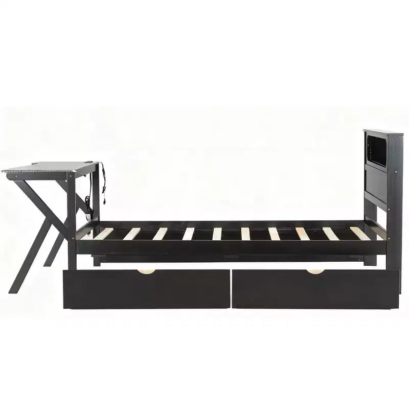 Whisen Twin Wooden Gaming Platform Bed & Bed Frame with Headboard, Desk and Two Storage Drawers