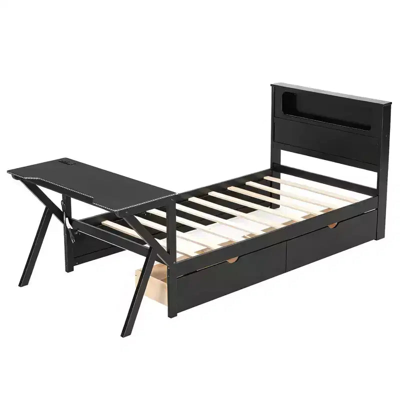 Whisen Twin Wooden Gaming Platform Bed & Bed Frame with Headboard, Desk and Two Storage Drawers