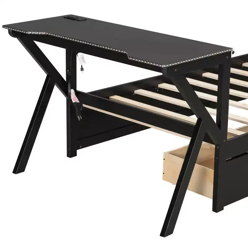 Whisen Twin Wooden Gaming Platform Bed & Bed Frame with Headboard, Desk and Two Storage Drawers