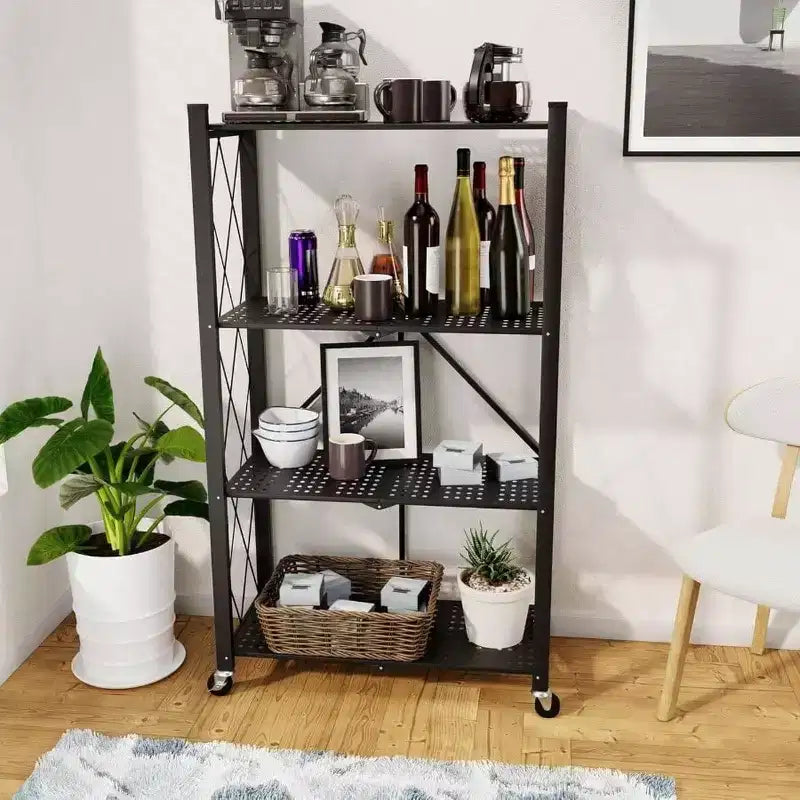 4 Tier Foldable Storage Shelf with Wheels Heavy Duty Metal Steel Black Kitchen Pantry Office Rolling Utility Rack Loads 600 LBS
