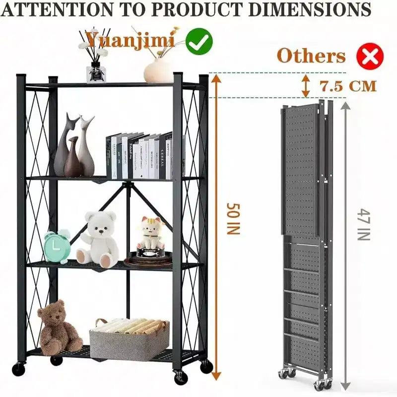 4 Tier Foldable Storage Shelf with Wheels Heavy Duty Metal Steel Black Kitchen Pantry Office Rolling Utility Rack Loads 600 LBS