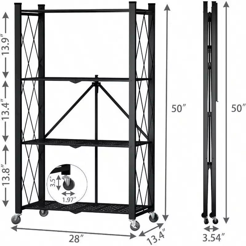 4 Tier Foldable Storage Shelf with Wheels Heavy Duty Metal Steel Black Kitchen Pantry Office Rolling Utility Rack Loads 600 LBS