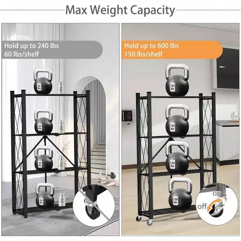4 Tier Foldable Storage Shelf with Wheels Heavy Duty Metal Steel Black Kitchen Pantry Office Rolling Utility Rack Loads 600 LBS