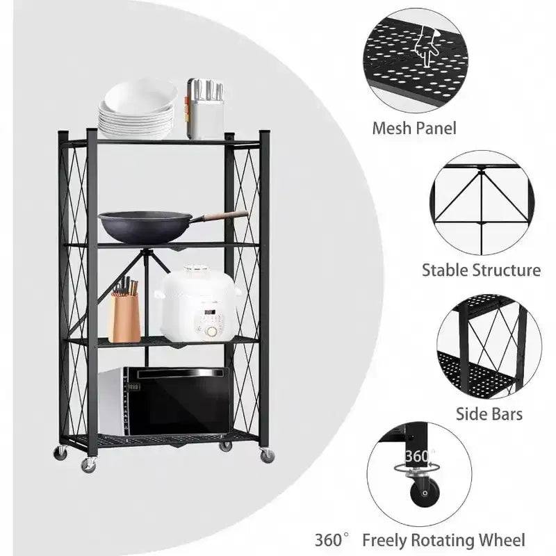 4 Tier Foldable Storage Shelf with Wheels Heavy Duty Metal Steel Black Kitchen Pantry Office Rolling Utility Rack Loads 600 LBS