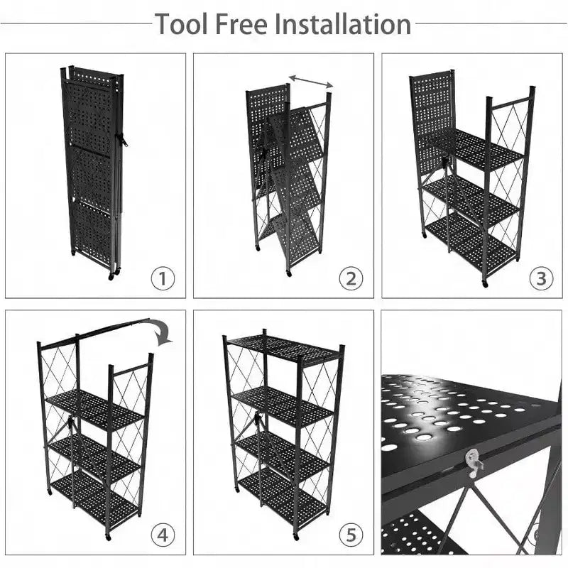4 Tier Foldable Storage Shelf with Wheels Heavy Duty Metal Steel Black Kitchen Pantry Office Rolling Utility Rack Loads 600 LBS