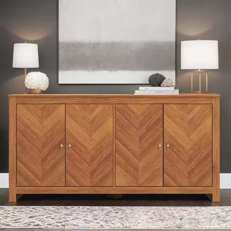 Galano Chevron 4-Door Storage Sideboard in Amber Walnut 58.4 W 15.7 D 30 H