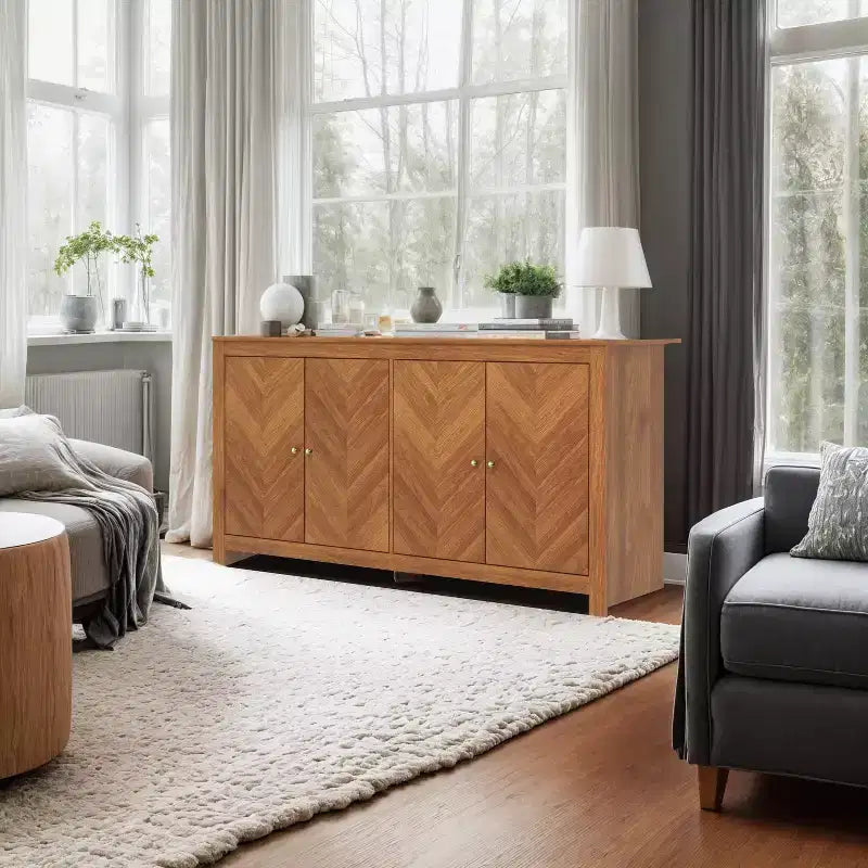 Galano Chevron 4-Door Storage Sideboard in Amber Walnut 58.4 W 15.7 D 30 H