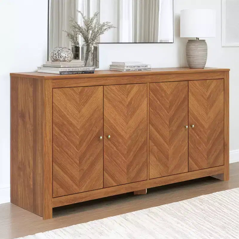 Galano Chevron 4-Door Storage Sideboard in Amber Walnut 58.4 W 15.7 D 30 H
