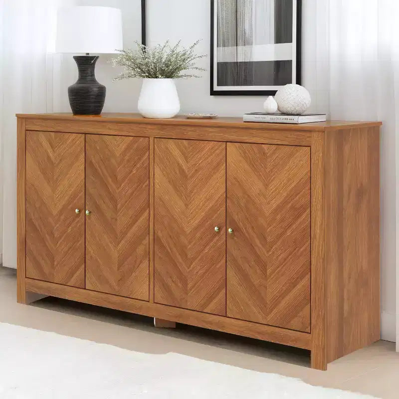 Galano Chevron 4-Door Storage Sideboard in Amber Walnut 58.4 W 15.7 D 30 H
