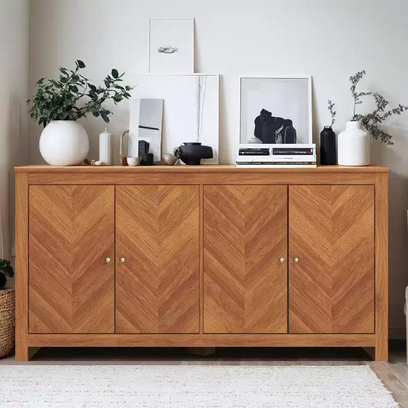 Galano Chevron 4-Door Storage Sideboard in Amber Walnut 58.4 W 15.7 D 30 H