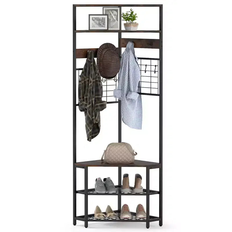 Costway 5-Tier Corner Hall Tree w/ Shoe Storage Bench 12 Metal Hooks for Living Room Brown