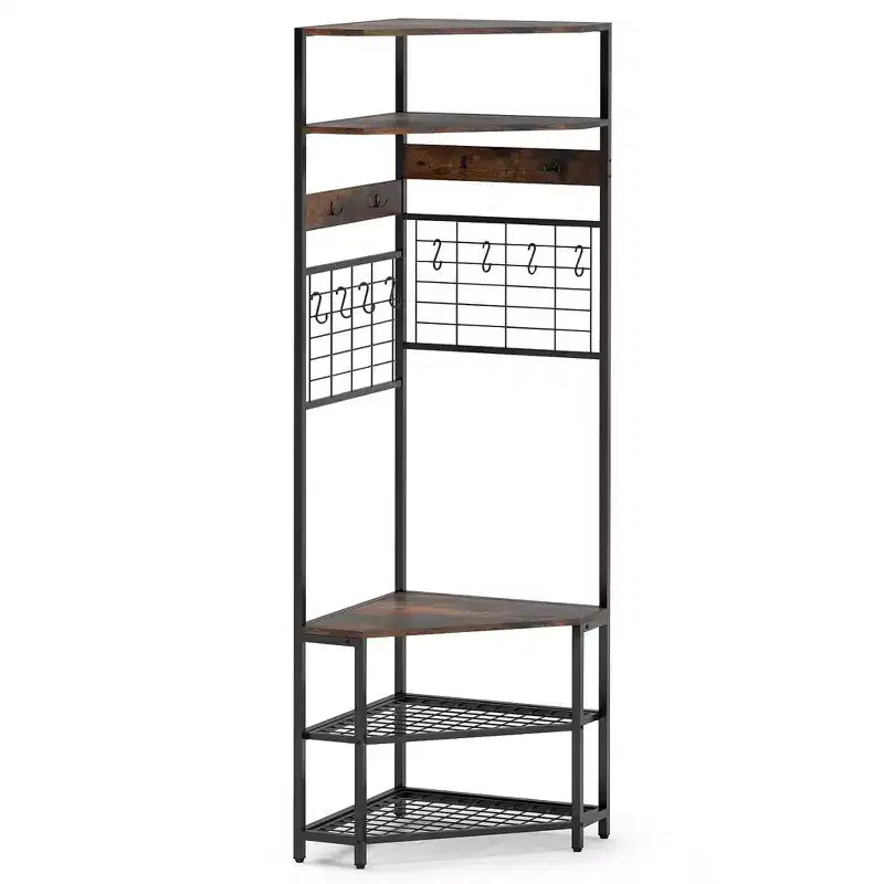 Costway 5-Tier Corner Hall Tree w/ Shoe Storage Bench 12 Metal Hooks for Living Room Brown