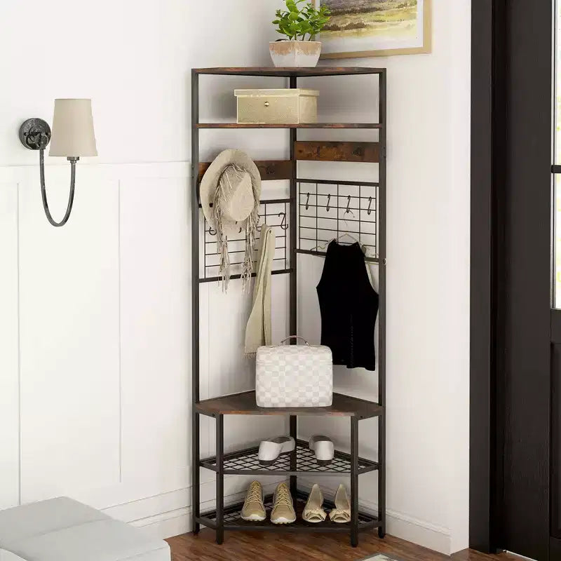 Costway 5-Tier Corner Hall Tree w/ Shoe Storage Bench 12 Metal Hooks for Living Room Brown