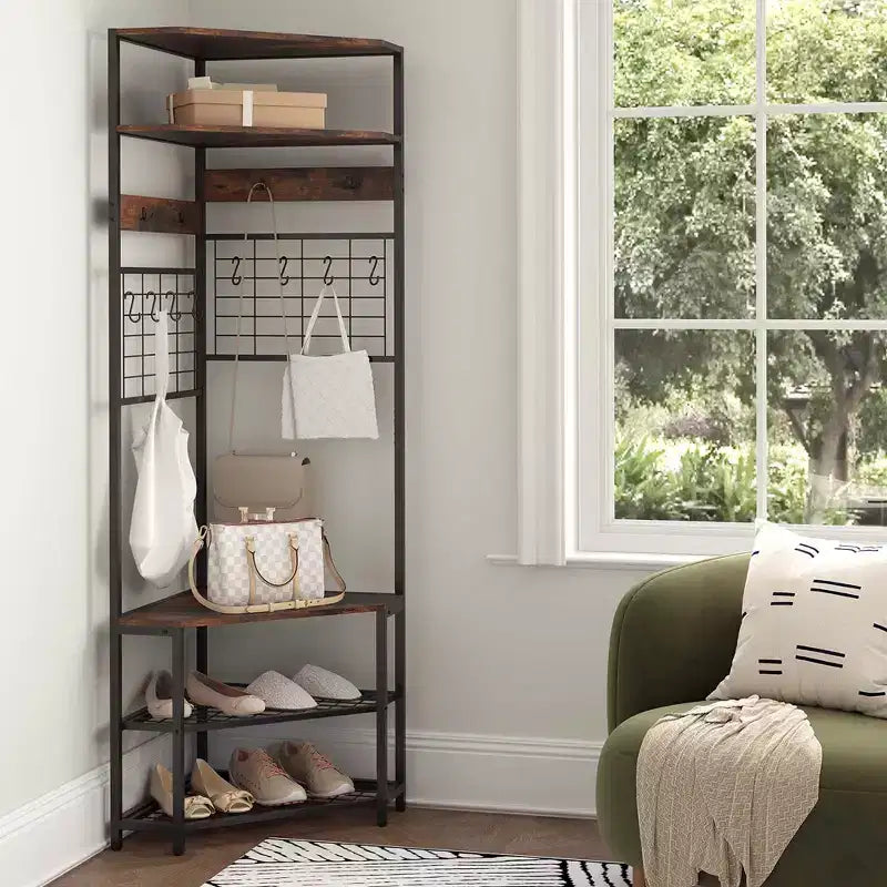 Costway 5-Tier Corner Hall Tree w/ Shoe Storage Bench 12 Metal Hooks for Living Room Brown