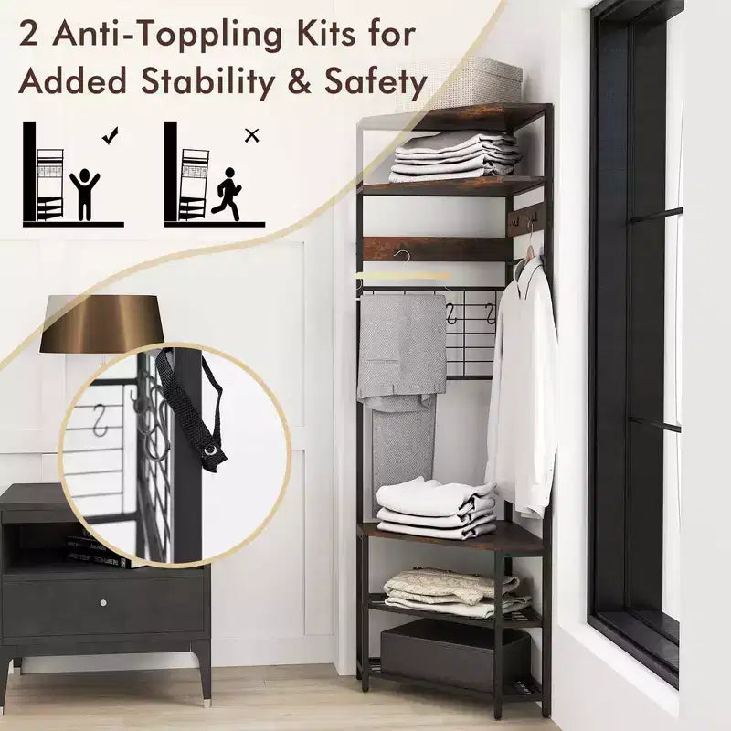 Costway 5-Tier Corner Hall Tree w/ Shoe Storage Bench 12 Metal Hooks for Living Room Brown