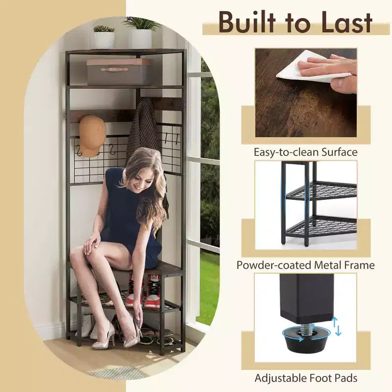 Costway 5-Tier Corner Hall Tree w/ Shoe Storage Bench 12 Metal Hooks for Living Room Brown