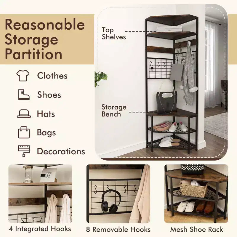 Costway 5-Tier Corner Hall Tree w/ Shoe Storage Bench 12 Metal Hooks for Living Room Brown