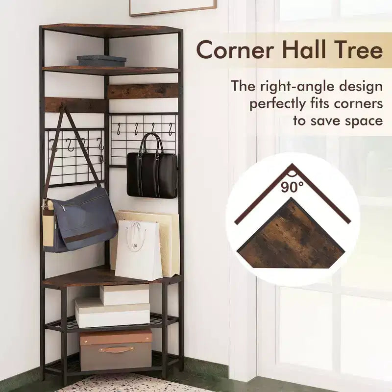 Costway 5-Tier Corner Hall Tree w/ Shoe Storage Bench 12 Metal Hooks for Living Room Brown