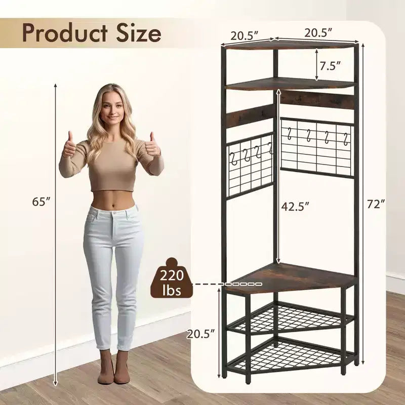 Costway 5-Tier Corner Hall Tree w/ Shoe Storage Bench 12 Metal Hooks for Living Room Brown