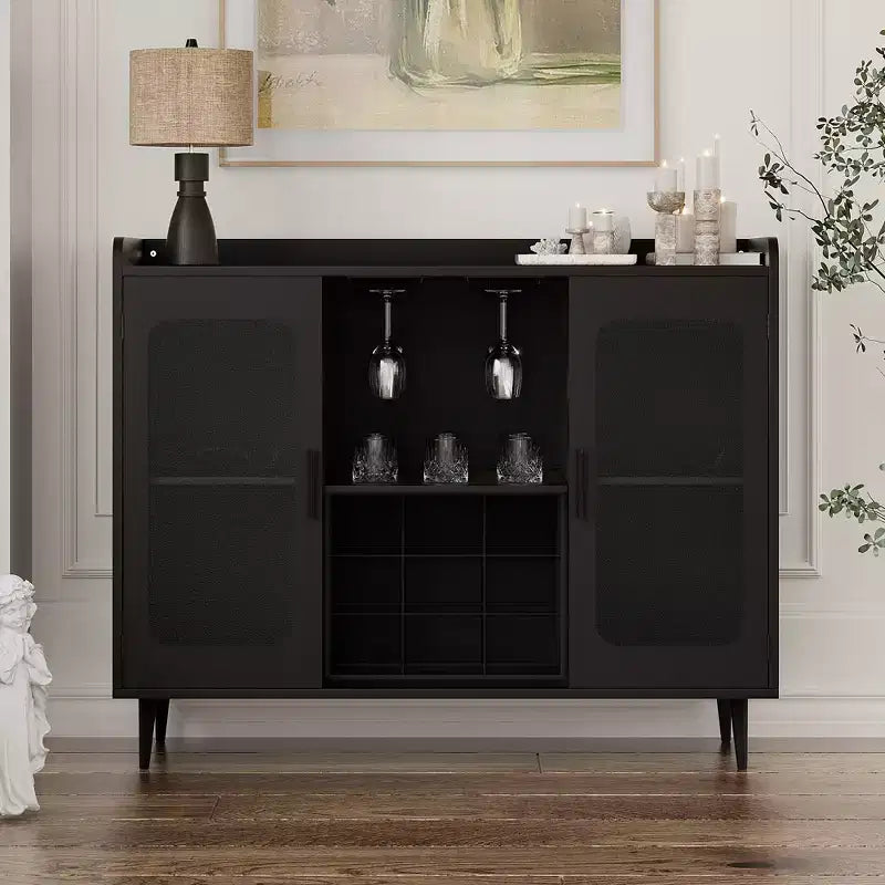Besiost Farmhouse Buffet Table with Wine Rack, Wine Bar Cabinet with Wine Holder and Charging Station
