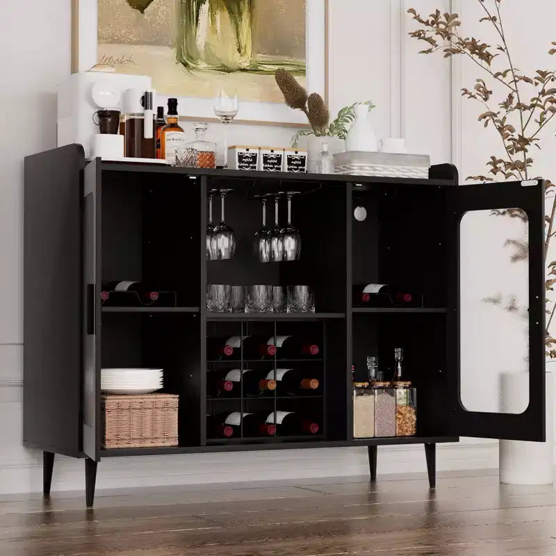 Besiost Farmhouse Buffet Table with Wine Rack, Wine Bar Cabinet with Wine Holder and Charging Station