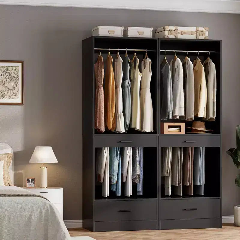 Besiost 2PCS Closet System Organizer with Hanging Area, Freestanding Wooden Closet with Drawers