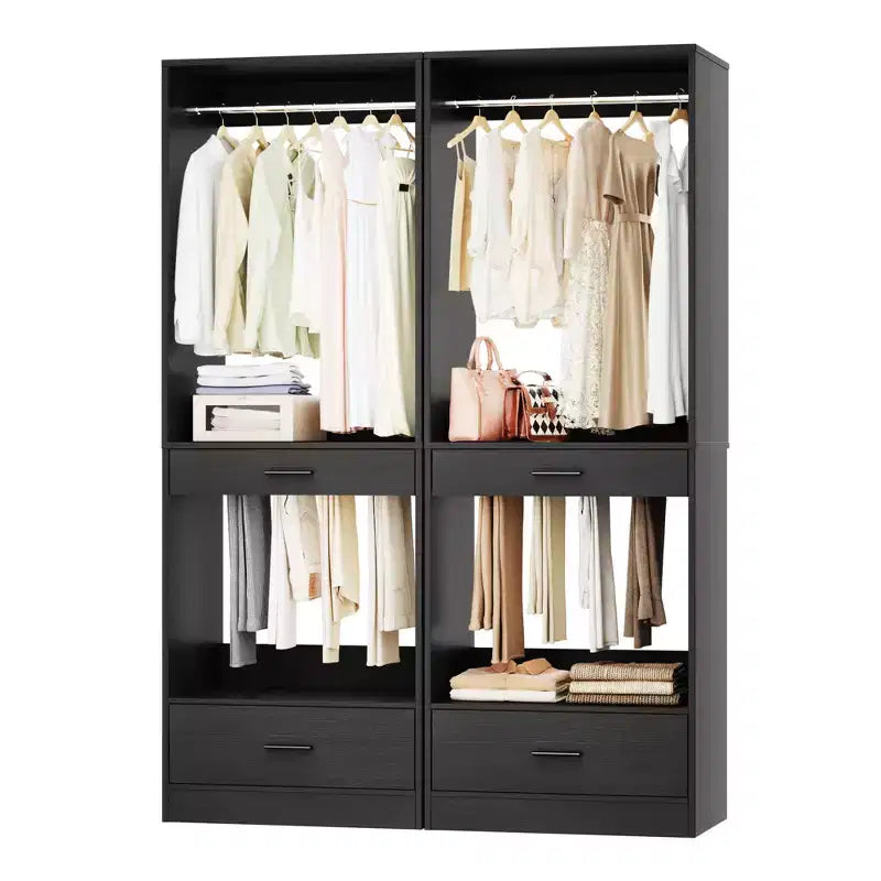 Besiost 2PCS Closet System Organizer with Hanging Area, Freestanding Wooden Closet with Drawers