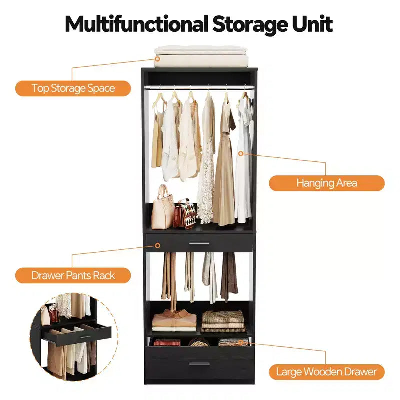 Besiost 2PCS Closet System Organizer with Hanging Area, Freestanding Wooden Closet with Drawers