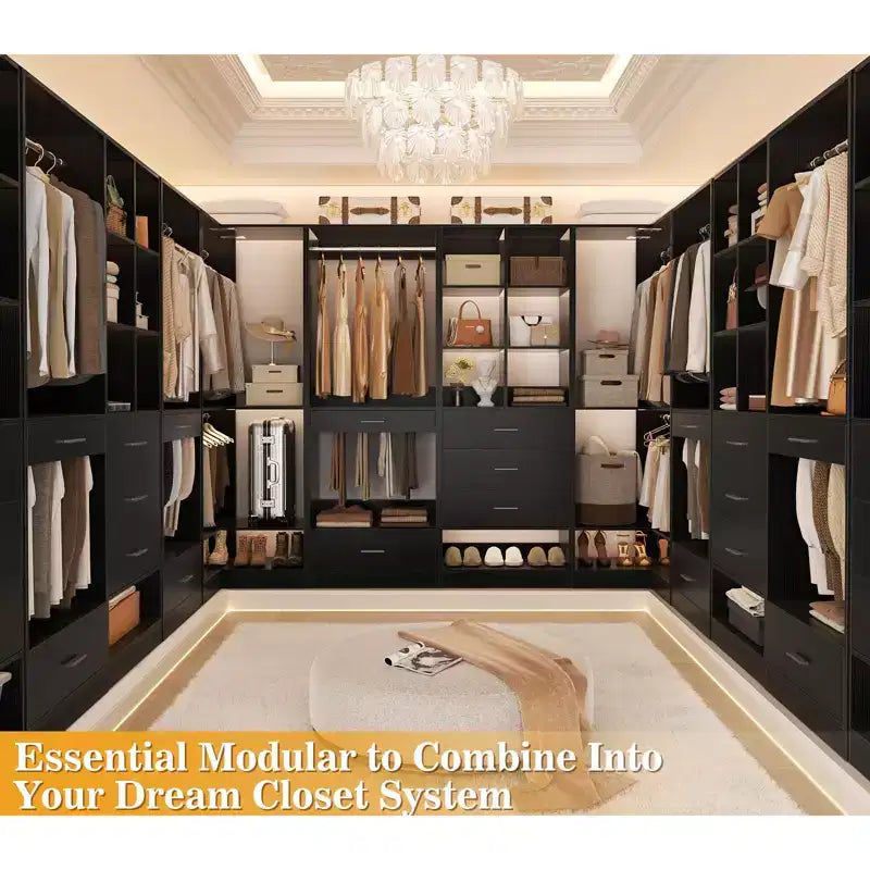 Besiost 2PCS Closet System Organizer with Hanging Area, Freestanding Wooden Closet with Drawers