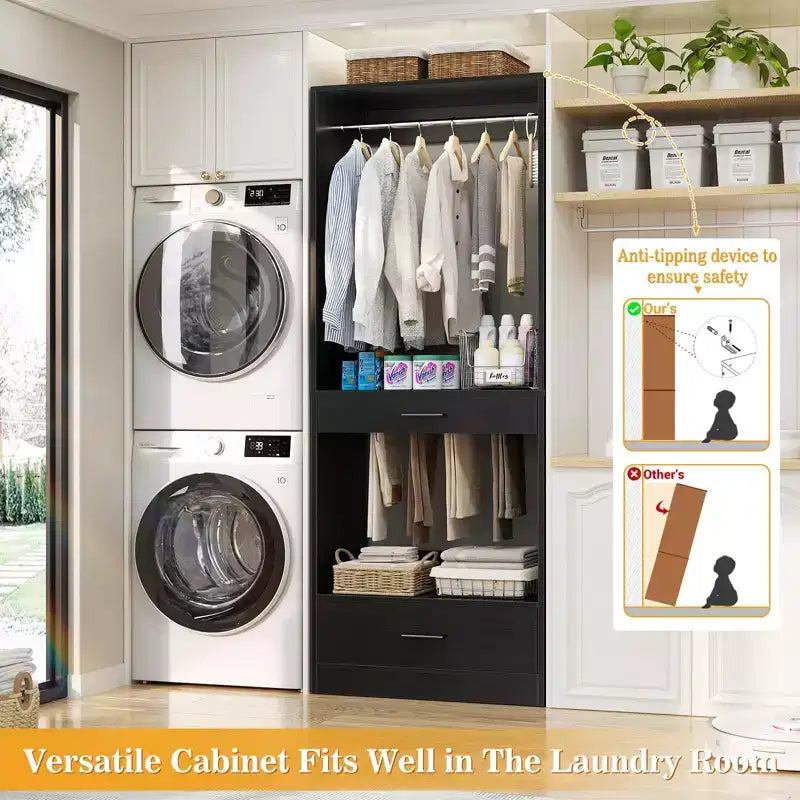 Besiost 2PCS Closet System Organizer with Hanging Area, Freestanding Wooden Closet with Drawers