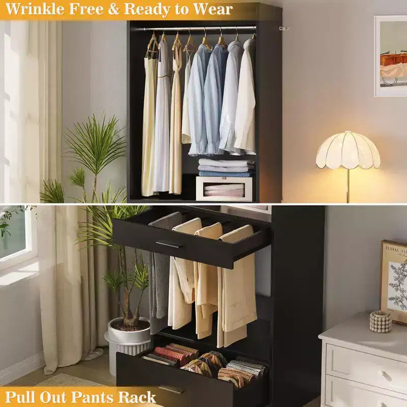 Besiost 2PCS Closet System Organizer with Hanging Area, Freestanding Wooden Closet with Drawers