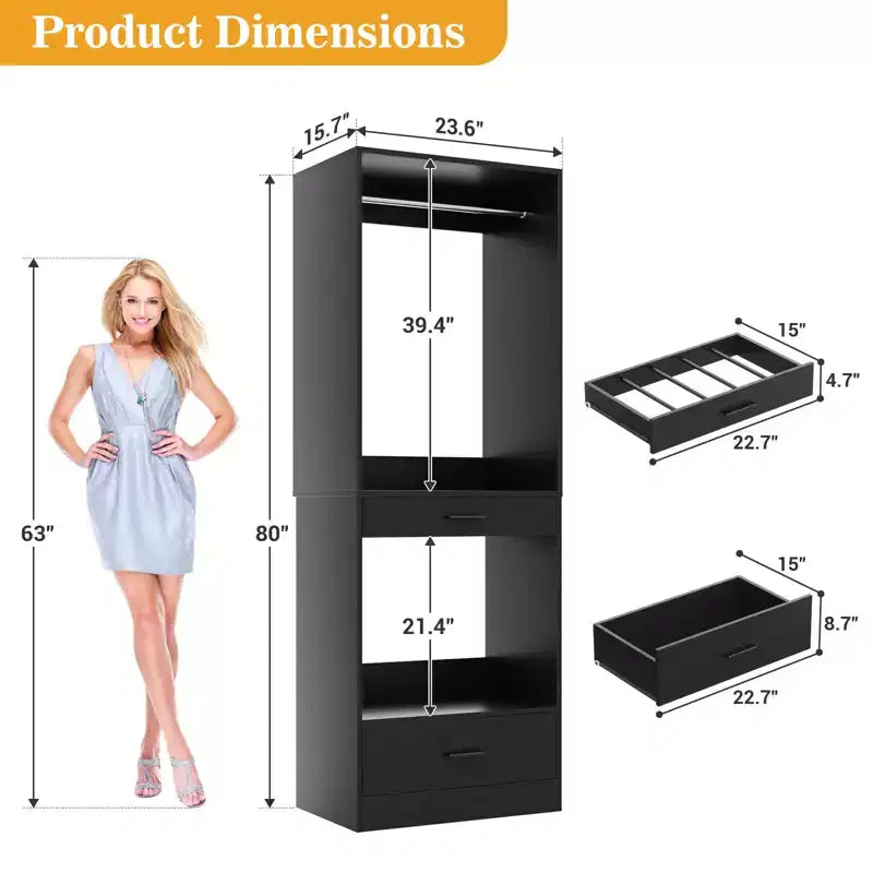 Besiost 2PCS Closet System Organizer with Hanging Area, Freestanding Wooden Closet with Drawers